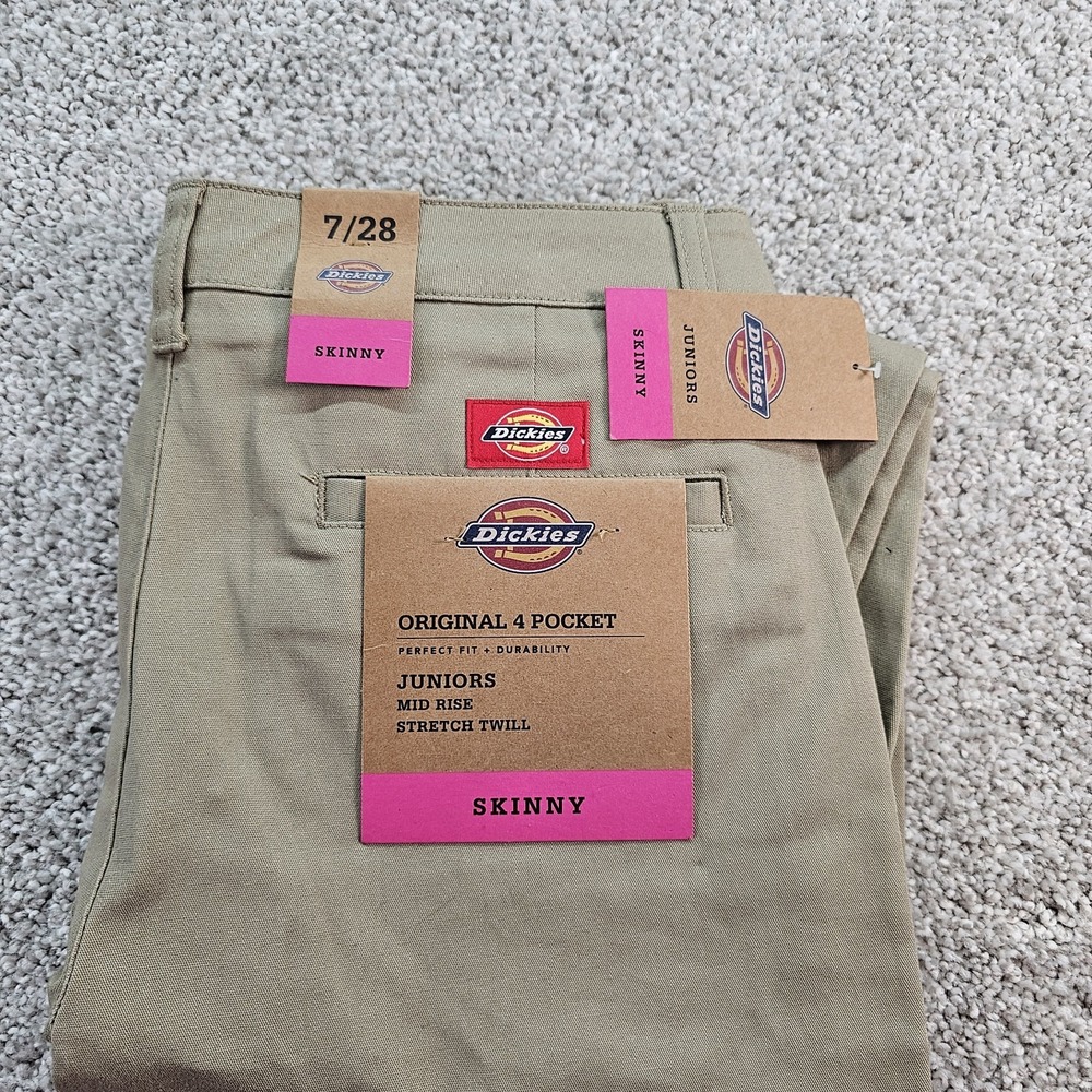 Dickies Juniors Size‎ 7/28 Khaki Denim Low-Rise Work Skinny Jeans Stretch NWT